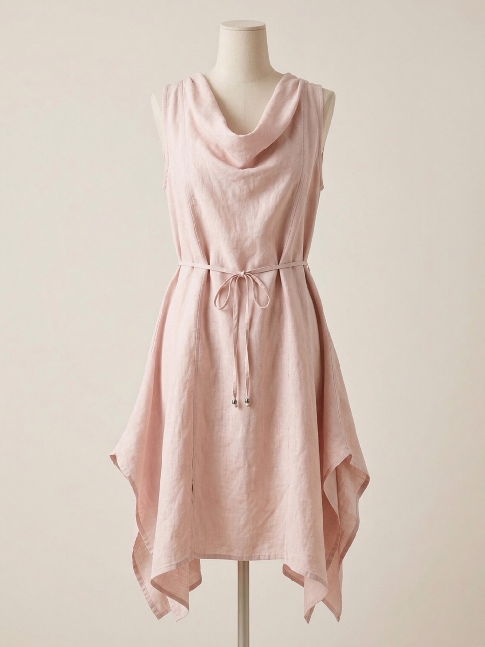 Sleeveless Blush Pink Cowl Neck Linen Dress with Tie Waist made in Italy